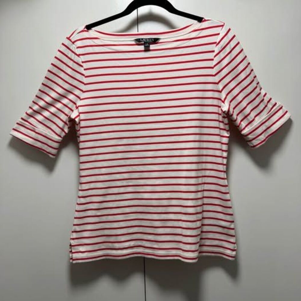 Lauren Ralph Lauren Red White Striped Boatneck Top Elbow Sleeve Size Large EUC